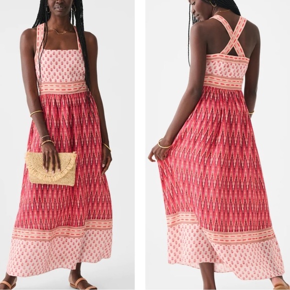 New Faherty Floral Block Multiprint Sm 4/6 Pink Linen Halter Criss-Cross Maxi - Picture 1 of 14